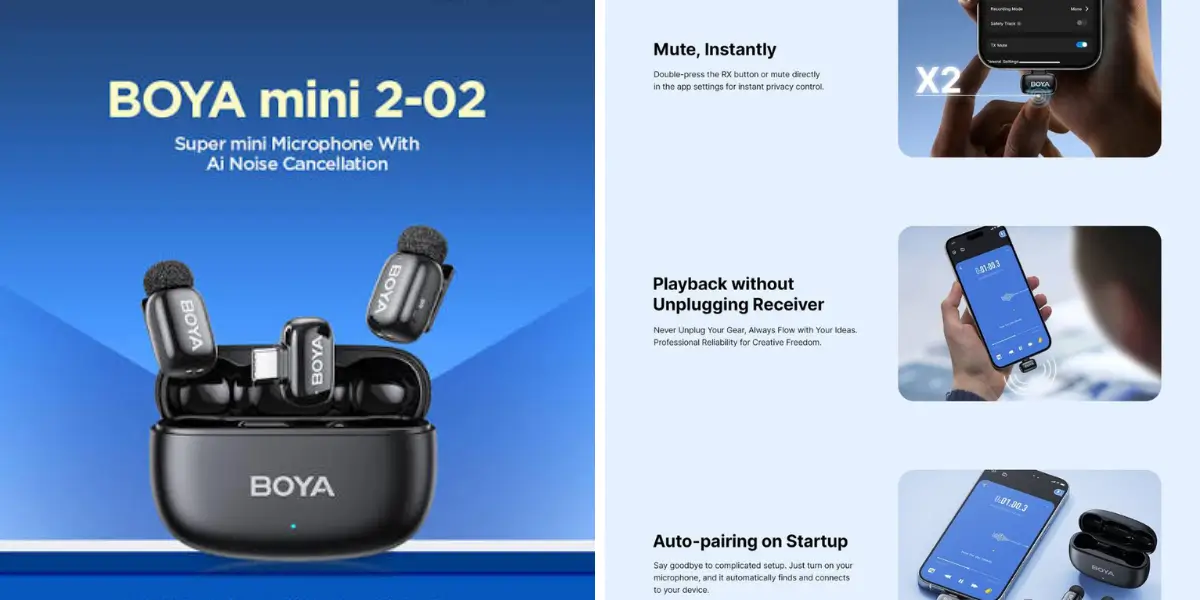 BOYA Mini 2-02 AI Noise Cancellation Super Mini Wireless Microphone (2).webp